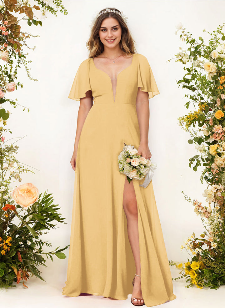 Chiffon Bridesmaid Dress with Short Sleeves V-Neck