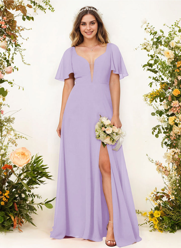 Chiffon Bridesmaid Dress with Short Sleeves V-Neck