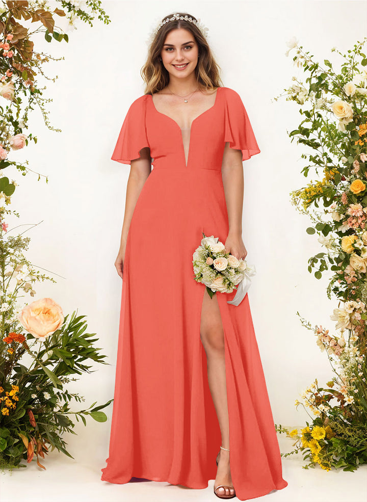 Chiffon Bridesmaid Dress with Short Sleeves V-Neck