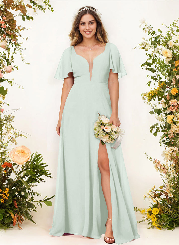 Chiffon Bridesmaid Dress with Short Sleeves V-Neck