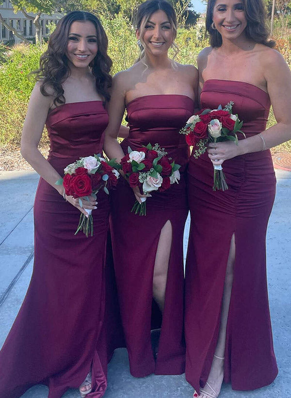 Column Floor-Length Satin Bridesmaid Dresses With Split Front